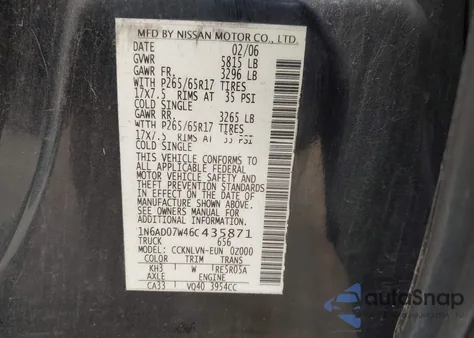 2006 Nissan Frontier Le из США, поврежденный, VIN 1N6AD07W46C435871